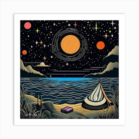 A Tent Place At A Lake By Night -Colorful Illustration Art Print