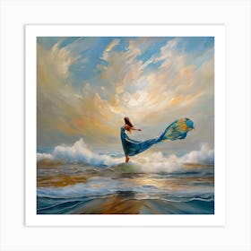 Water Element - Women Empowerment Piece Conjuring Summoning At One With Nature - Blue Sky and Sea Yoga Meditation Witchy Pagan Art Print Fairytale Goddess Wiccan Woman Art Print