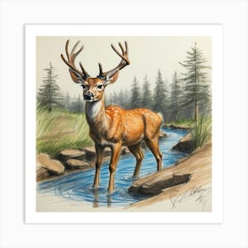 Deer By The Stream 2 Art Print