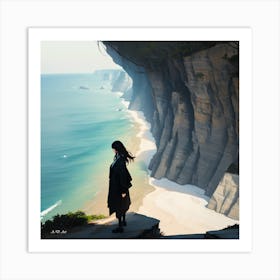 Candid Color Illustration Of A Asian Girl Standing At The Edge Of A Cliff Overlooking The Ocean Art Print