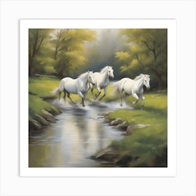 Paint A Dynamic Scene Of White Horses Running Alongside A Meandering Stream In A Pristine Rolling Art Print