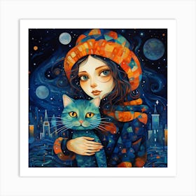 Girl With A Cat Art Print