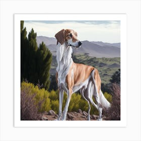 An artistic drawing of a purebred Arabian Saluki dog in a picturesque nature Art Print