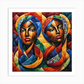 Two Women With Colorful Heads Art Print