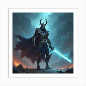 Mystical Warrior Holding A Glowing Sword In The Battle 1 Art Print