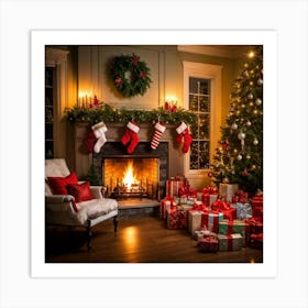 A Convivial Christmas Scene A Roaring Hearth Fireplace Illuminating The Room A Lush Evergreen Chri 2 1 Art Print