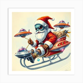 Alien Santa Fly Sleigh With Ufos Art Print