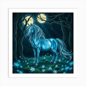 Blue Horse In The Forest 12 Art Print