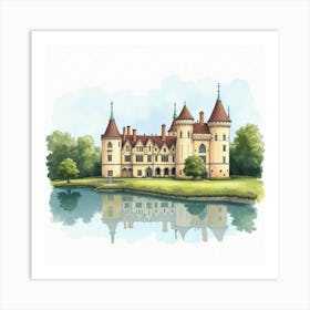 Watercolor Illustration Of The Eastnor Castle In Herefordshire, Showcasing Its Grand Design And Beautiful Surroundings Art Print