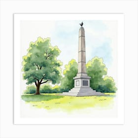 Watercolor View Of The Runnymede Memorial In Surrey, Capturing Its Historical Significance And Tranquil Surroundings Art Print