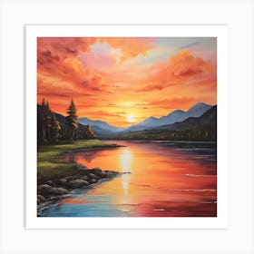 Sunset On The Lake \ Acrylic colours Art Print