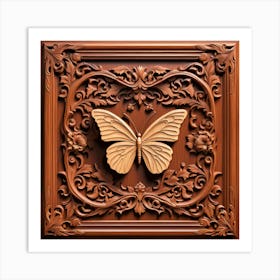 Carved Wood Decorative Panel with Butterfly I Art Print