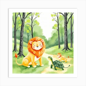 Lion And Turtle In The Forest Art Print