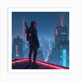 Cybernetic Warrior Standing On A Neon Lit Rooftop At Night, Watercolor 1 Art Print