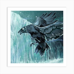 Raven Flying Over Waterfall Art Print