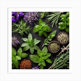 Top View Of Herbs On Black Background 1 Art Print