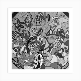 Abstract Figurative / Black & White / Zodiac Sign Pisces / 40x40cm Art Print