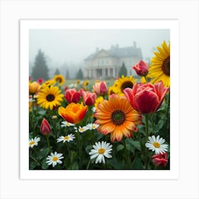 Blooming Flowers In Front Of A House Art Print