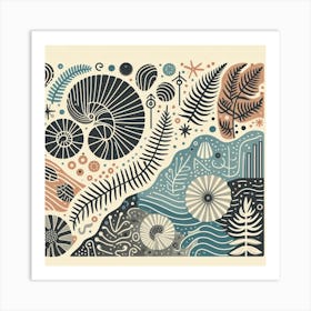 Scandinavian style, Ancient sea shell and fern Art Print