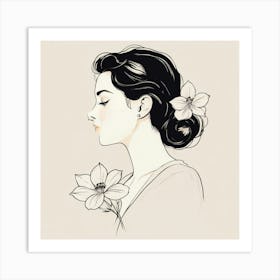 Portrait Of A Woman With Flowers, A Single Elegant Line Drawing Of A Womans Profile With A Flower Art Print