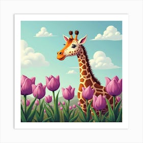 Giraffe Near Purple Tulips 1 Art Print