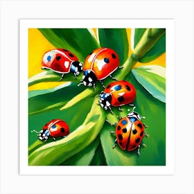 Ladybugs On A Leaf Art Print