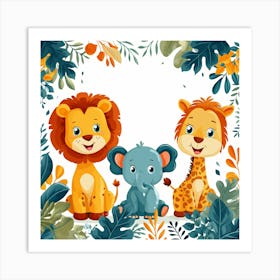 Cute Lions And Elephants Art Print