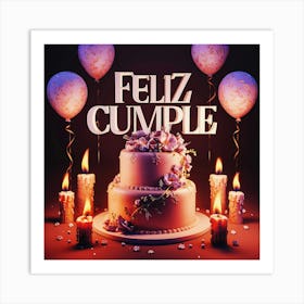 Feliz cumple and Feliz cumpleaños sign means Happy Birthday in Spanish language, Birthday party celebration gift with birthday cake candle colorful balloons best congratulation over light background wall artFeliz Cumple 33 Art Print