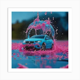 Car Splashing Pink Water Art Print