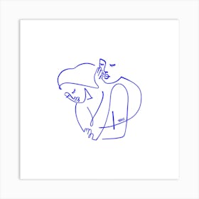 Couple In Blue Square Line Art Print