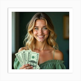 Happy Young Woman Holding Money Art Print