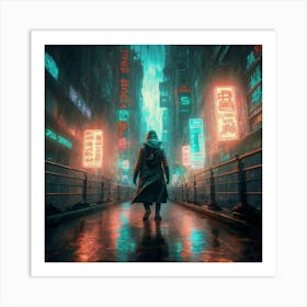 A Gritty Cyberpunk Alleyway Rainsoaked Pavemen Art Print