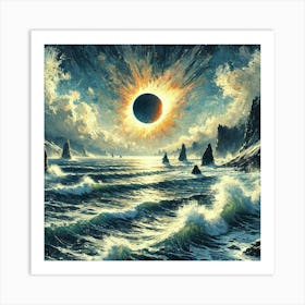 A Solar Eclipse Over The Rough Ocean In Guache With Lots Of Texture AI Art Print