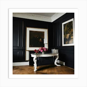 A Black Wall With A Black And White Tartan Wallpap Art Print