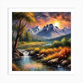 Mountain Stream At Sunset Art Print