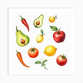 Fresh Fruits And Vegetables Illustrated With A Delicate Watercolor Technique 1 Art Print