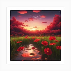 A Beautiful Sunset With A Big Red Cosmos Setting On The Horizon, The Sun Shines Through The Tops Of Art Print