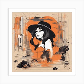 A Silhouette Of A Ape Wearing A Black Hat And Laying On Her Back On A Orange Screen, In The Style Of (1) Art Print