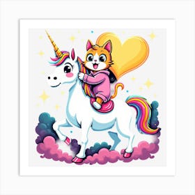 Valentine's Day Lovely Cat Riding a Unicorn 112 Art Print