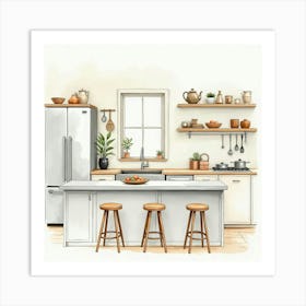 Elegant Kitchen Watercolor Painting, Classic, Serene Tones 1 Art Print