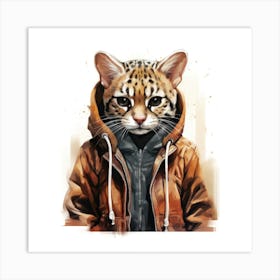 Watercolour Cartoon Ocelot In A Hoodie 3 Art Print