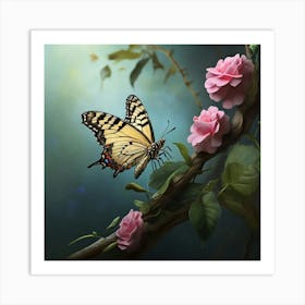 Butterfly On Roses Art print Art Print