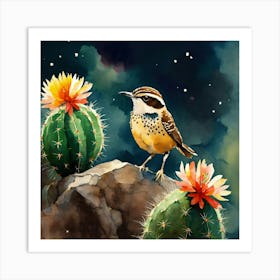 Cactus Wren Bird On A Rock Earth Tone Background A Art Print