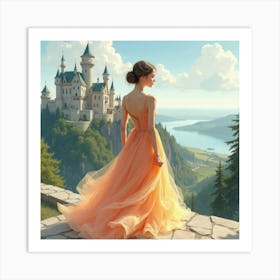 Sophisticated Woman In Watercolor Dress, Majestic Castle View 1 Art Print