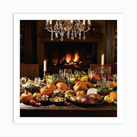 A Beautifully Prepared Thanksgiving Banquet Seated Under The Warm Glow Of Recessed Lighting In A Rus (5) Art Print