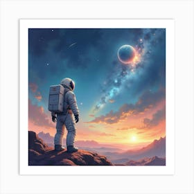 A Watercolor Astronaut Standing On An Asteroid Looking At Distant Galaxies 1 Art Print