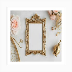 Gold Frame With Flowers Art Print