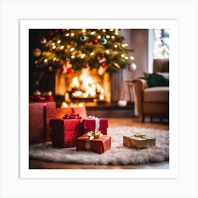 Christmas Presents In Front Of Fireplace 21 Art Print