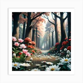 A magical forest scene with a path leading through trees and sunlight. Art Print