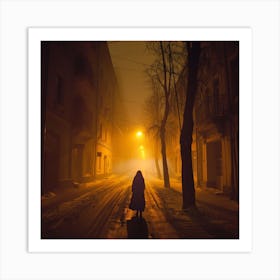 Girl Walks Down The Street At Night Art Print